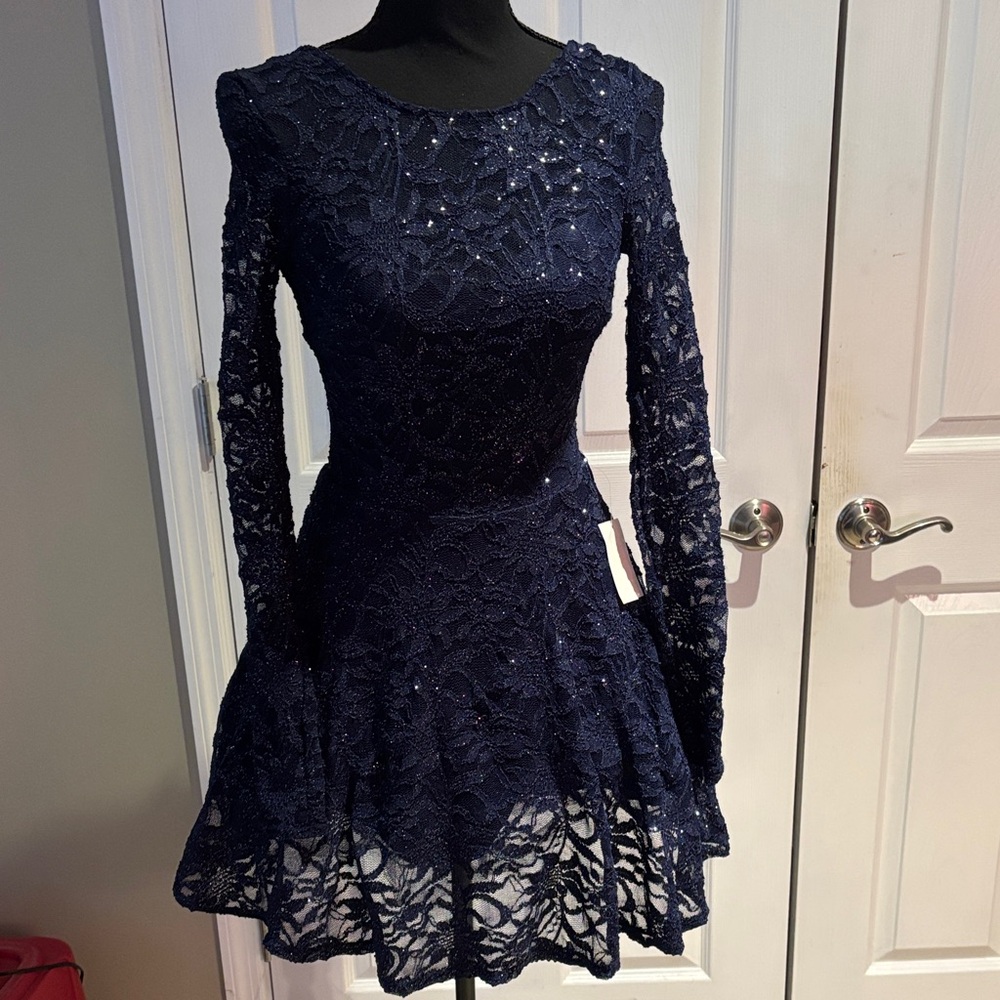 B Darlin Navy Long Sleeve Lace Dress